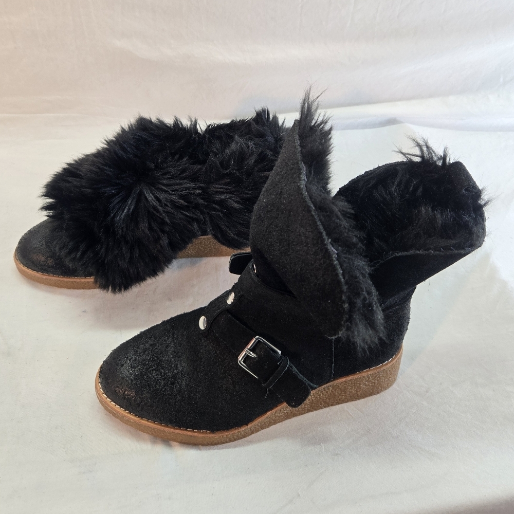 REBECCA MINKOFF PERRY Women's 8 Black Suede Fur Wedge Platform Bootie Boots New.
